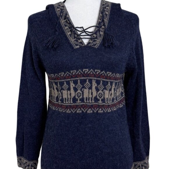 Manos Comunidad Baby Alpaca Knit Hoodie Tassel Aztec Sweater Blue Womens Size S - Picture 1 of 6